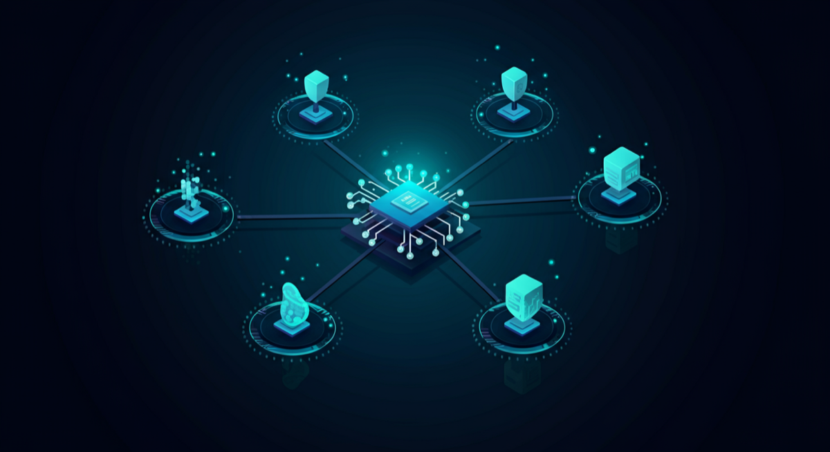 Interconnected AI agents forming a cohesive ecosystem with a central hub connecting to specialised nodes