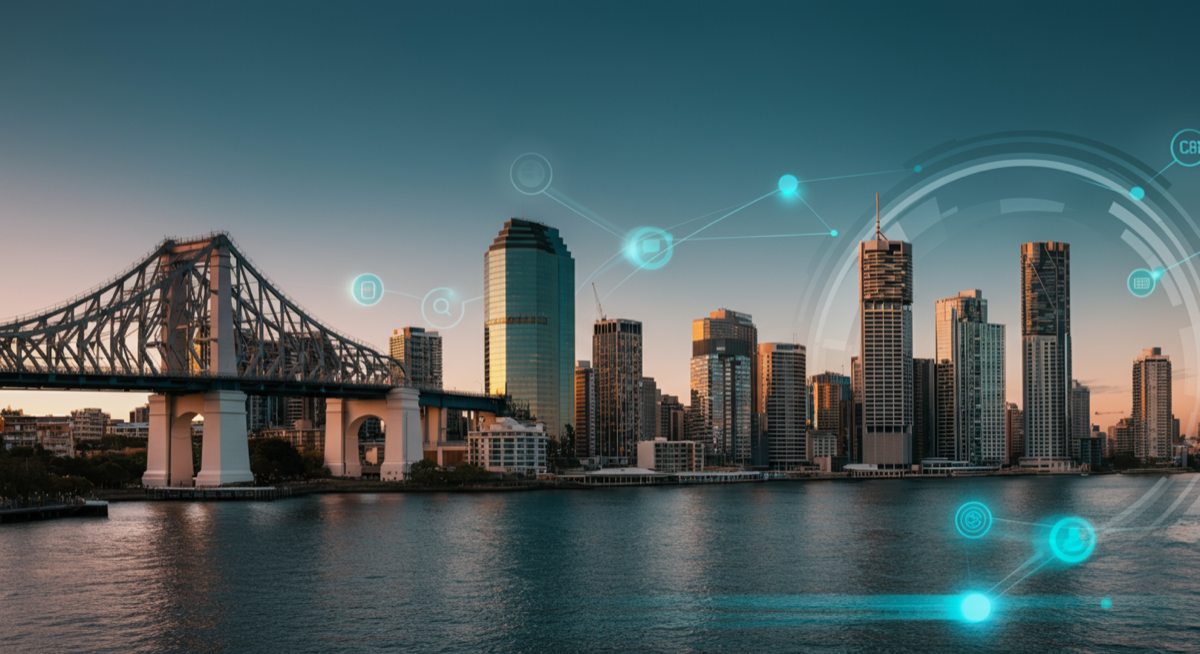 AI Automation for Brisbane Businesses - skyline with digital transformation elements