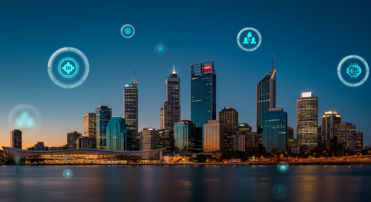 AI Automation for Perth Businesses - Western Australia skyline with digital transformation elements
