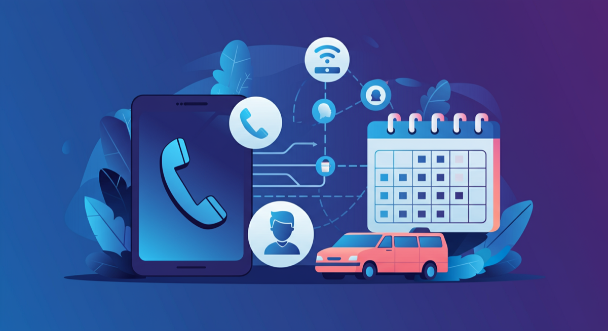 AI phone receptionist connecting customer calls to automated dispatch, scheduling calendar, and service van