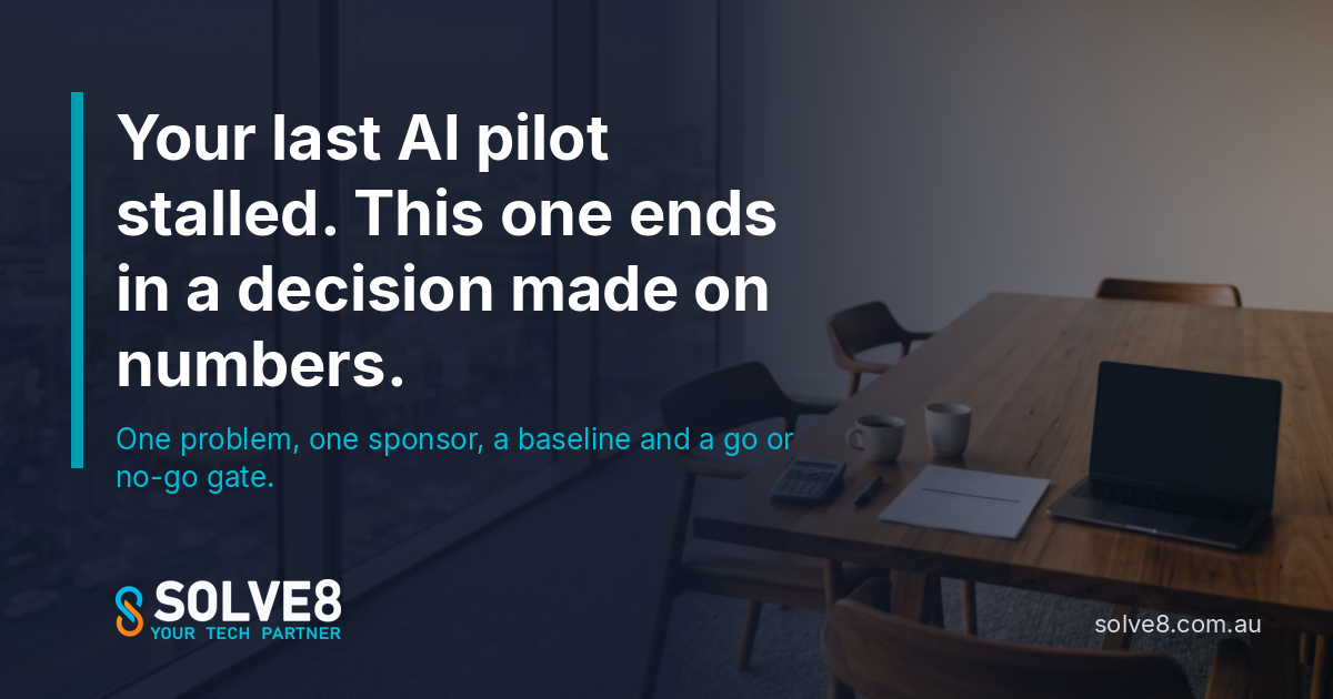 Executive meeting room in an Australian office with a one-page report, a calculator and a closed laptop, ready for an AI go or no-go decision