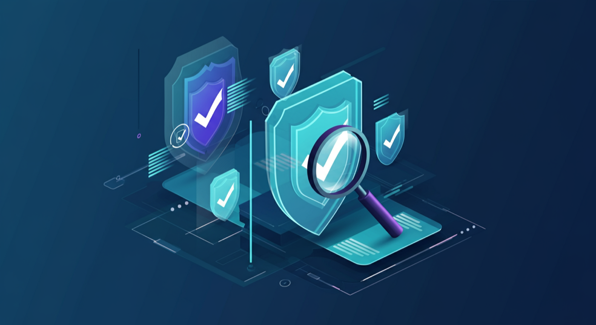 Abstract illustration of quality verification shields and magnifying glass representing AI accuracy checking