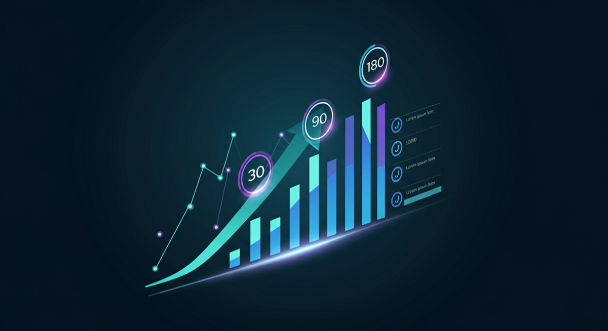 Measuring AI Success - 30-90-180 Day Framework showing ascending progress metrics