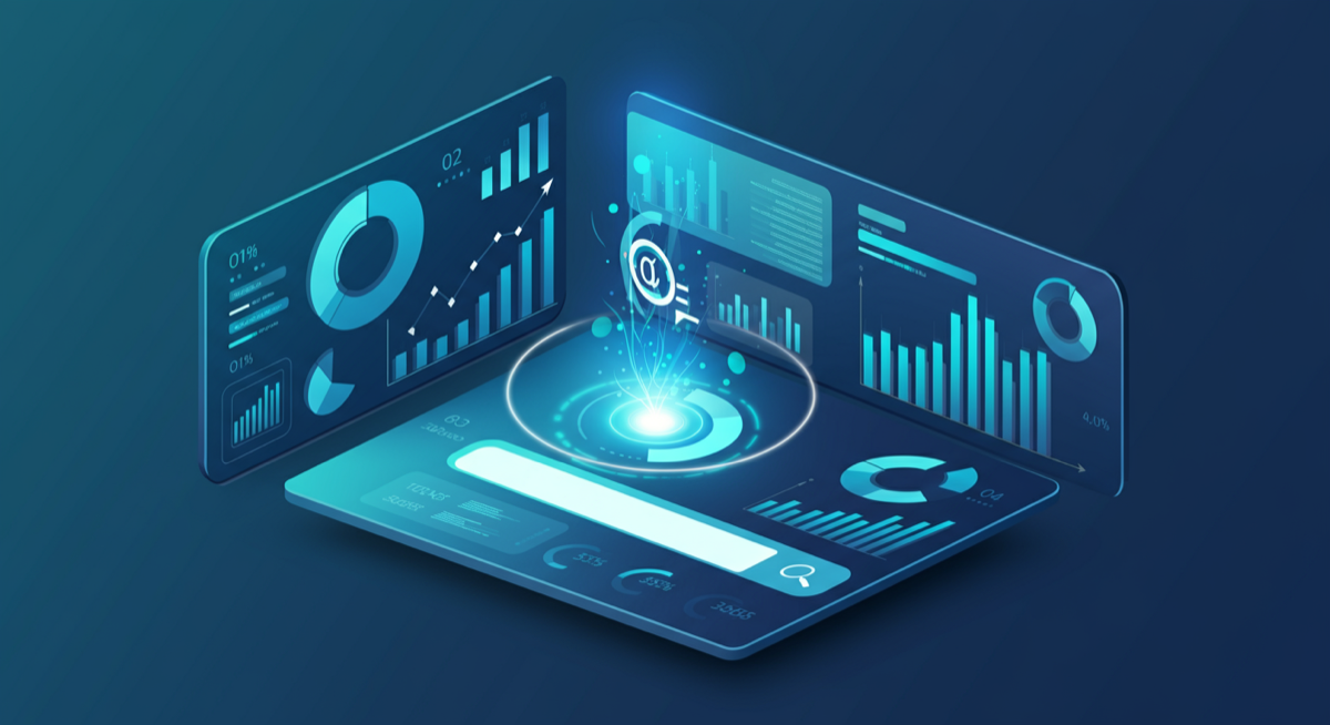 AI-powered business intelligence dashboard with search bar generating charts and data visualisations
