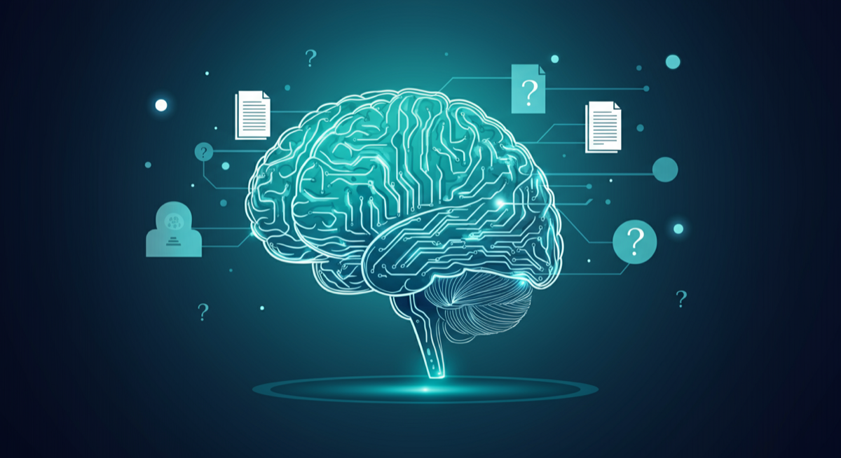 Digital brain connected to business documents and customer questions -- knowledge graph visualisation