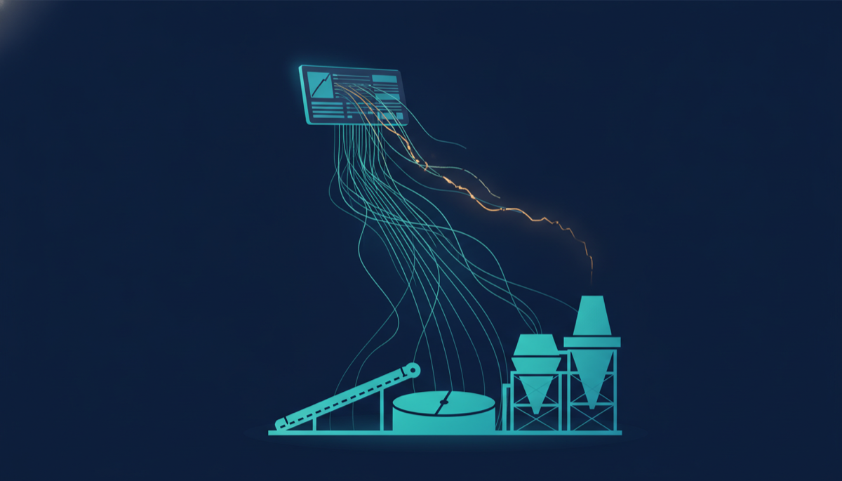 Data threads rising from a processing plant into a dashboard, several of them broken