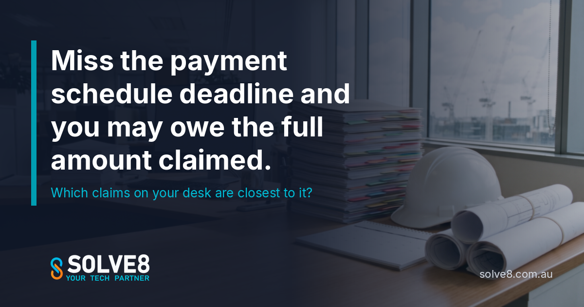 A commercial manager's desk in an Australian construction head office with a stack of tabbed progress claim folders, a white hard hat and rolled site drawings: every security of payment claim answered with a reasoned payment schedule before the deadline